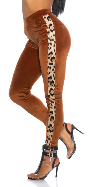 Trendy fleecy broek met luipaard contrast streep bruin